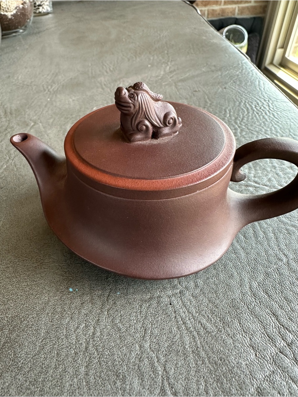 Red-Brown Yixing Style Teapot with Foo Dog Finial